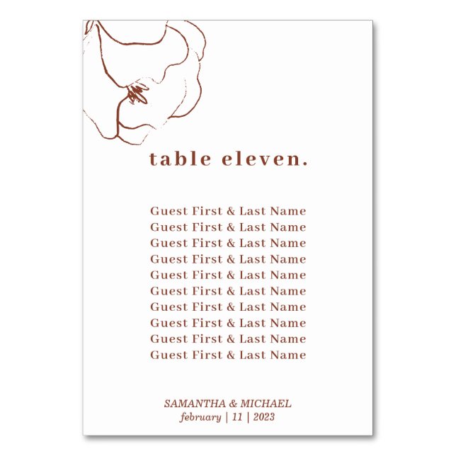 Terracotta Simple Botanical Floral guest names Table Number (Front)
