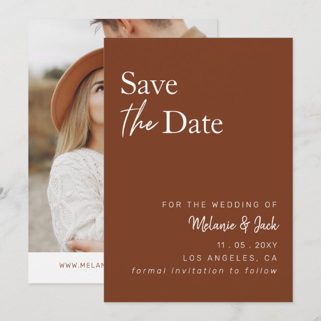 Terracotta Simple Calligraphy Photo Save The Date (Front/Back)