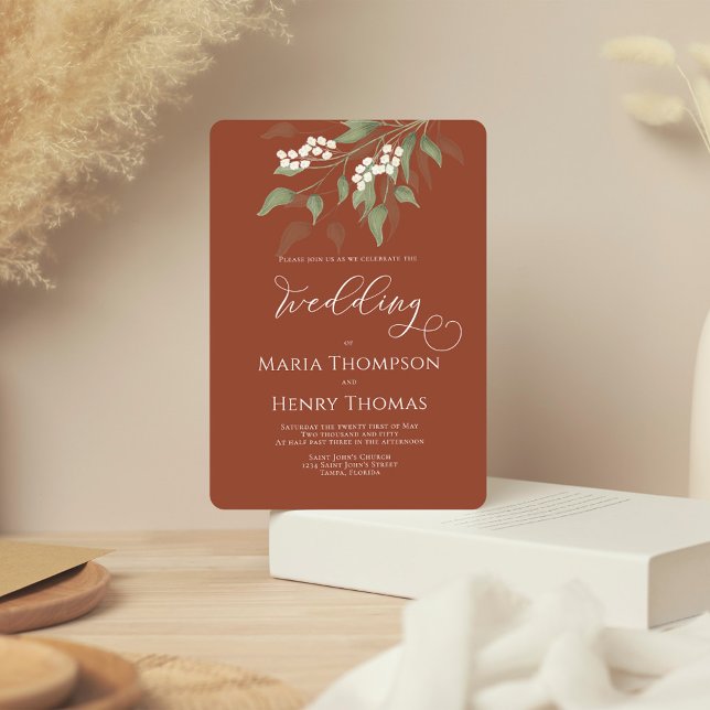 Terracotta Simple Elegant Floral Wedding Invitation (Terracotta elegant wedding invitation with watercolor greenery and foliage. )