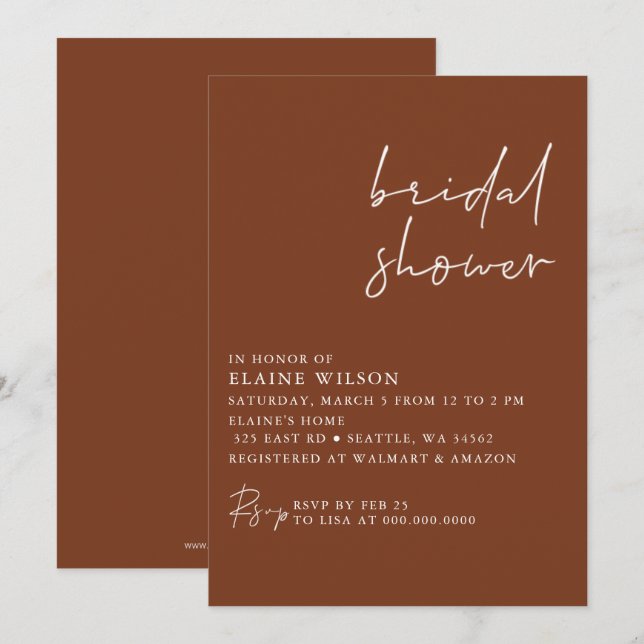Terracotta Simple Elegant Modern Bridal Shower  Invitation (Front/Back)
