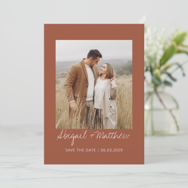Terracotta Simple Handwritten Save The Date Photo  Invitation (Standing Front)