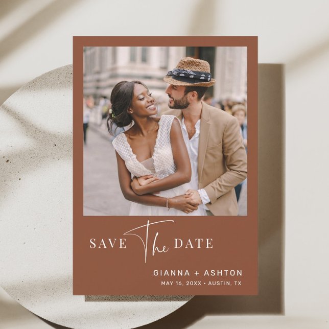 Terracotta Simple Modern Script Wedding Photo Save The Date (Creator Uploaded)