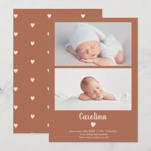 Terracotta simple script heart 2 photos baby birth announcement