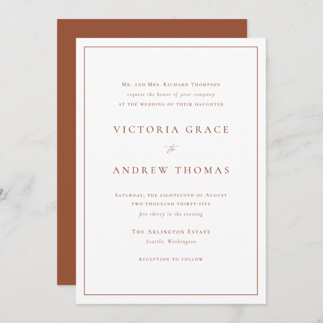 Terracotta Simple Typography Formal Wedding Invitation (Front/Back)