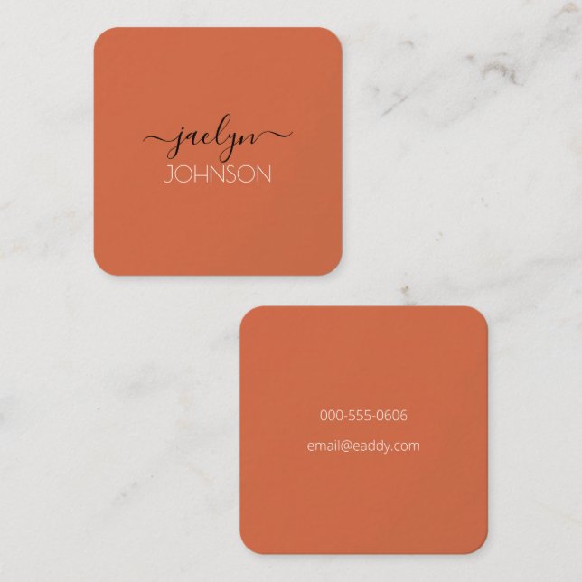 Terracotta Simple White Script Personalised Name Square Business Card (Front/Back)