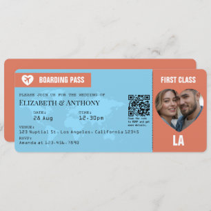 Terracotta & Sky Blue Boarding Pass Wedding Invitation