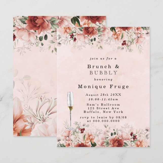 Terracotta Spring Fall Floral Brunch & Bubbly  Invitation (Front/Back)