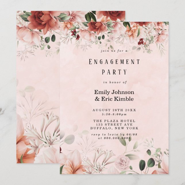 Terracotta Spring Fall Floral Engagement Party Invitation (Front/Back)