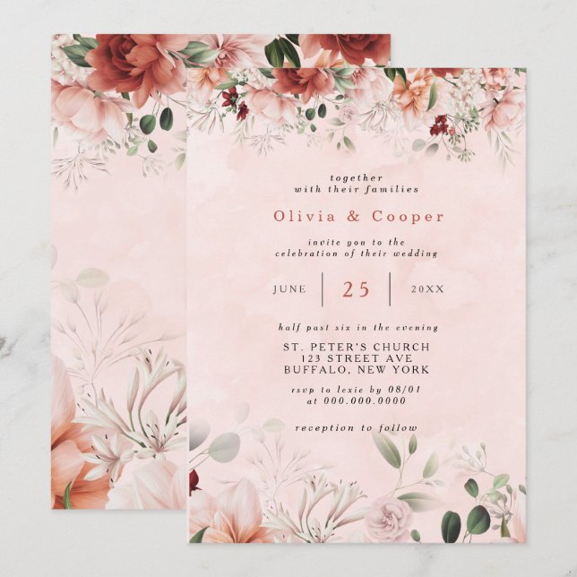 Terracotta Spring Fall Watercolor Floral Wedding  Invitation (Front/Back)