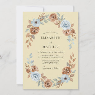 Terracotta Steel Blue Blossom Wedding Invitation