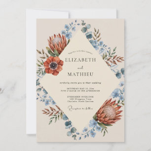 Terracotta Steel Protea Eucalyptus Wedding Invitation
