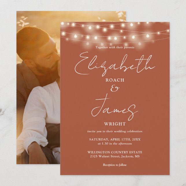Terracotta String Lights Chic Script Photo Wedding Invitation (Front/Back)