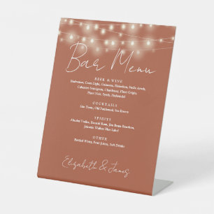 Terracotta String Lights Elegant Script Bar Menu Pedestal Sign