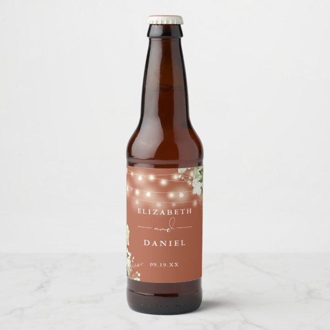 Terracotta String Lights Floral Greenery Wedding Beer Bottle Label (Front)