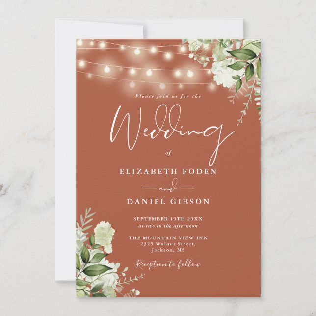 Terracotta String Lights Floral Monogram Wedding Invitation (Front)