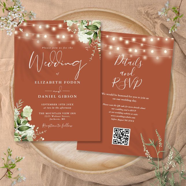 Terracotta String Lights Floral QR Code Wedding Invitation (Terracotta String Lights Floral QR Code Wedding Invitation)