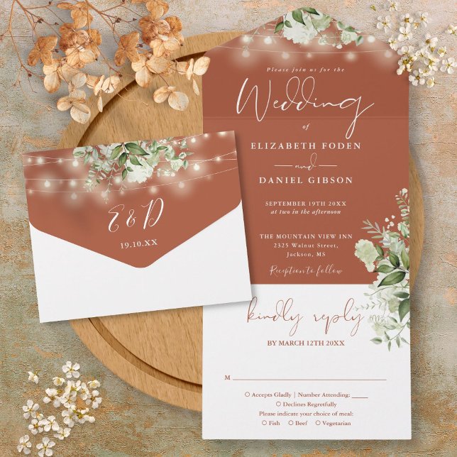 Terracotta String Lights Greenery Monogram Wedding All In One Invitation (Terracotta String Lights Greenery Monogram Wedding All In One Invitation)