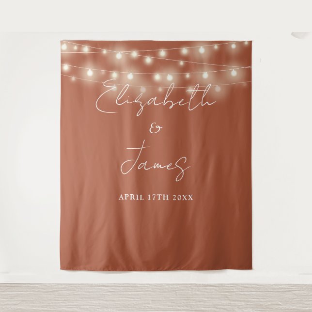 Terracotta String Lights Wedding Photo Backdrop Tapestry (Front)