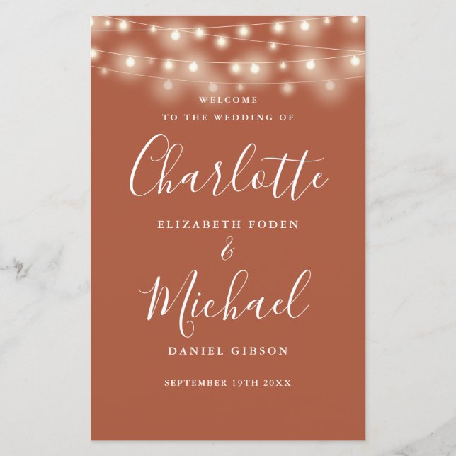 Terracotta String Lights Wedding Program (Front)