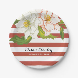 Terracotta stripes, flowers modern floral wedding paper plate
