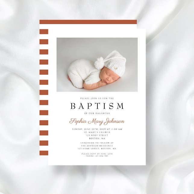 Terracotta Stripes Modern Baptism Photo Invitation (Terracotta Stripes Modern Baptism Photo Invitation)