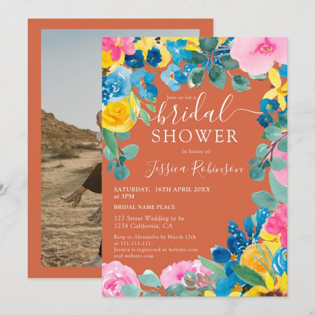 Terracotta summer floral photo bridal shower invitation (Front/Back)