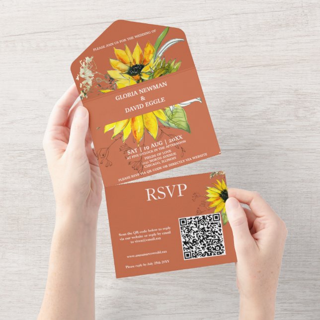 Terracotta Sunflower QR Code All In One Invitation (Tearaway)