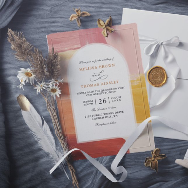 Terracotta Sunrise Boho Budget QR Code Wedding Invitation (Creator Uploaded)