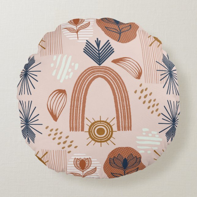 Terracotta Sunrise: Boho Harmony, Blush Pink Round Cushion (Front)