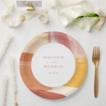 Terracotta Sunrise | Monogram Wedding Paper Plate<br><div class="desc">Featuring beautiful abstract paint brush strokes and your choice of personalisation. Terracotta is a popular colour for weddings. Paired with shades of orange and marigold makes this invitation suite both sophisticated and vibrant. Add a fun and festive touch to your celebration with personalised paper plates for weddings, birthdays and other...</div>