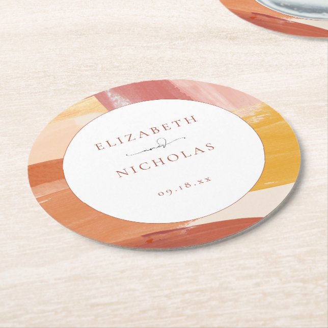Terracotta Sunrise | Monogram Wedding Round Paper Coaster (Angled)
