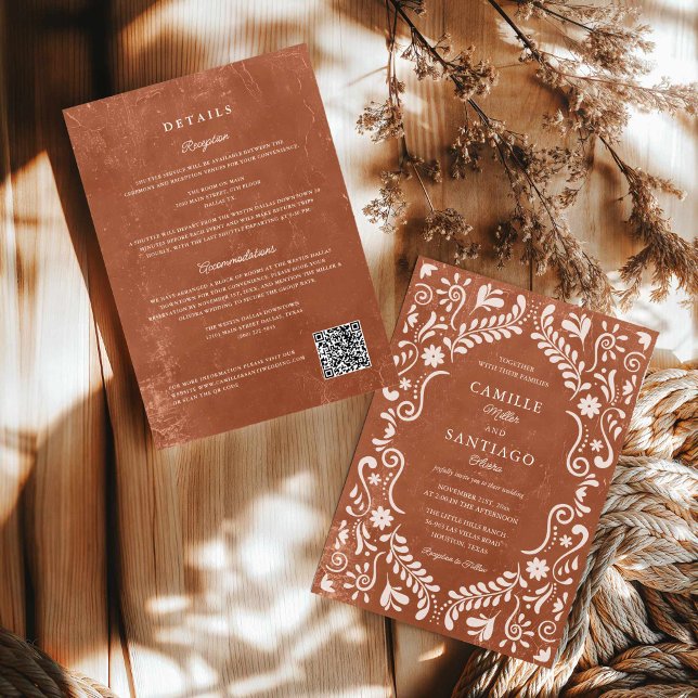 Terracotta Talavera Mexican QR Code Wedding Invitation (Terracotta Papel Picado QR Code Wedding Invite)