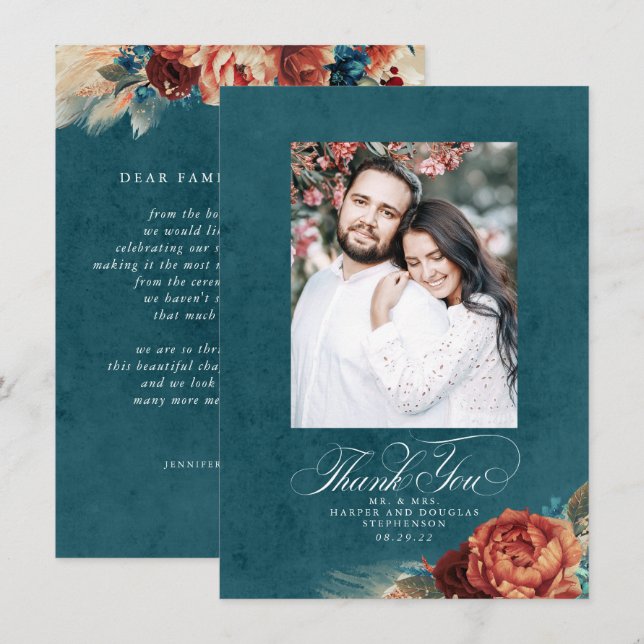 Terracotta Teal Blue Wedding Thank You Photo (Front/Back)