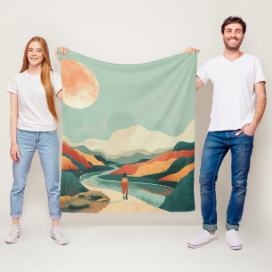 Terracotta Teal Boho River Mountain Journey Fleece Blanket