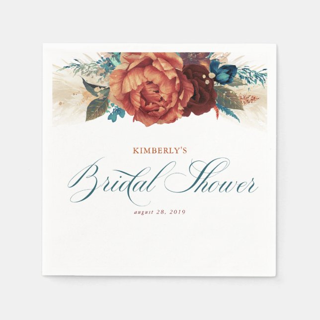 Terracotta Teal Floral Pampas Grass Bridal Shower Napkin (Front)