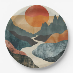 Terracotta Teal Mountain Sunset River Landscape Paper Plate