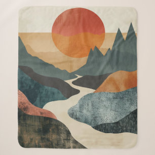 Terracotta Teal Mountain Sunset River Landscape Sherpa Blanket