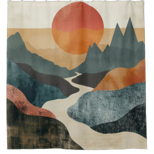 Terracotta Teal Mountain Sunset River Landscape Shower Curtain