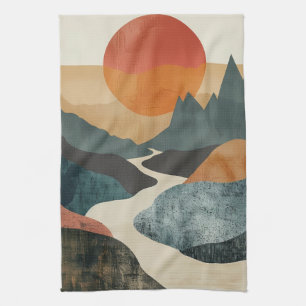 Terracotta Teal Mountain Sunset River Landscape Tea Towel