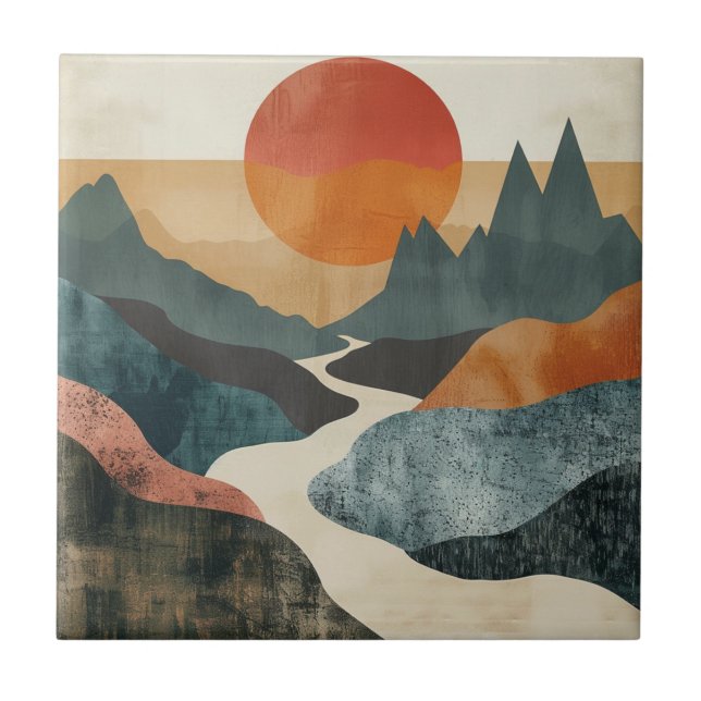 Terracotta Teal Mountain Sunset River Landscape Tile (Front)