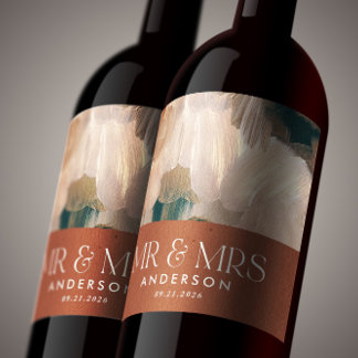 Terracotta teal Mr Mrs thank you wedding painterly Wine Label