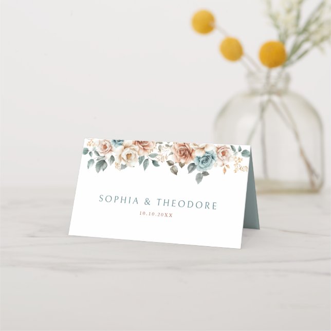Terracotta Teal Neutral Watercolor floral wedding Place Card (Back)