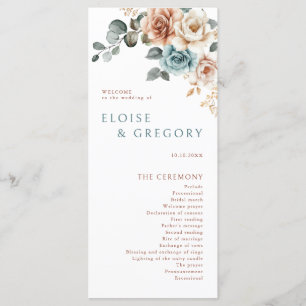Terracotta Teal Neutral Watercolor floral wedding Programme