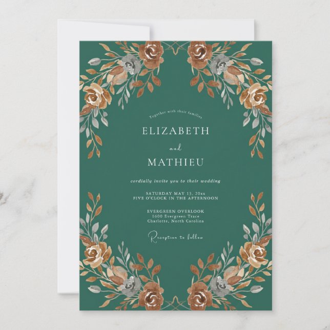 Terracotta Teal Rose Wedding Invitation (Front)