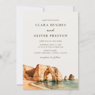 Terracotta Teal Script Algarve Cliff Arch Wedding Invitation