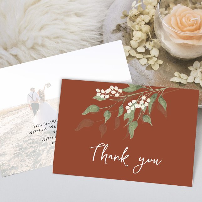 Terracotta Thank You Calligraphy Floral Greenery  (Simple terracotta floral wedding thank you card with a photo template. )