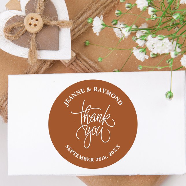 Terracotta Thank You Calligraphy Wedding Favour Classic Round Sticker (Creator Uploaded)