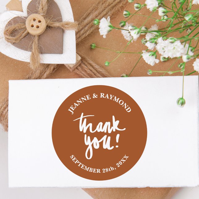 Terracotta Thank You Calligraphy Wedding Favour Classic Round Sticker (Creator Uploaded)