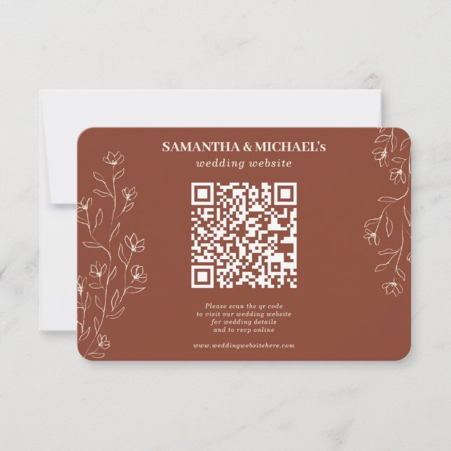 Terracotta Tiny Floral Qr Wedding Website Detail RSVP Card (Front)