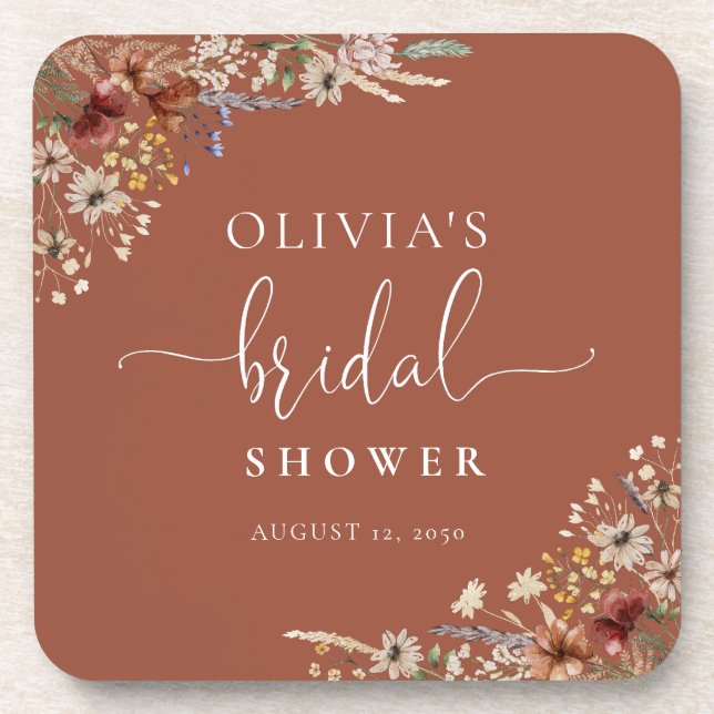 Terracotta Tiny Wildflower Bridal Shower Coaster (Front)